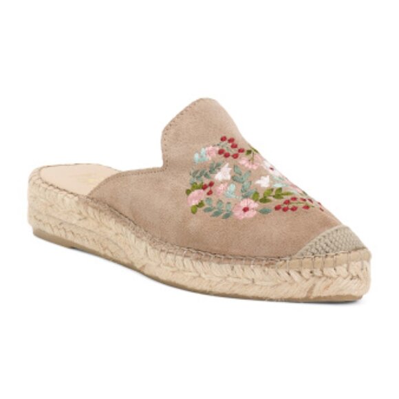 FABIOLAS  Suede Floral Embroidered Espadrille Wedge Mules - Picture 1 of 3